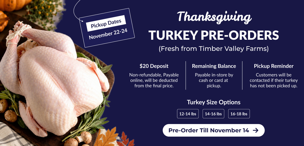 Thanksgiving turkey pre-orders — fresh from Timber Valley Farms. Pre-order till November 14.